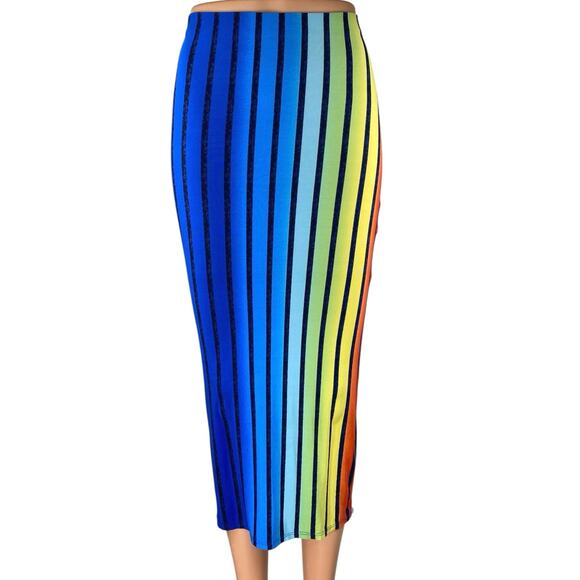 Sabora Womens Multicolor Rainbow Striped Stretch Midi Bodycon Pencil Skirt Sz S - Picture 1 of 6